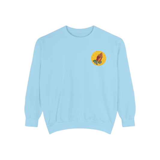 “Pray For Sun” Chambray Embroidered Garment Dyed Sweatshirt